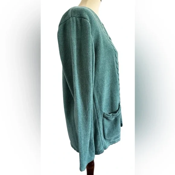 Vintage Jenny Teal Granny Core Button Pockets Beaded Knit Cardigan Size Medium - Picture 4 of 13